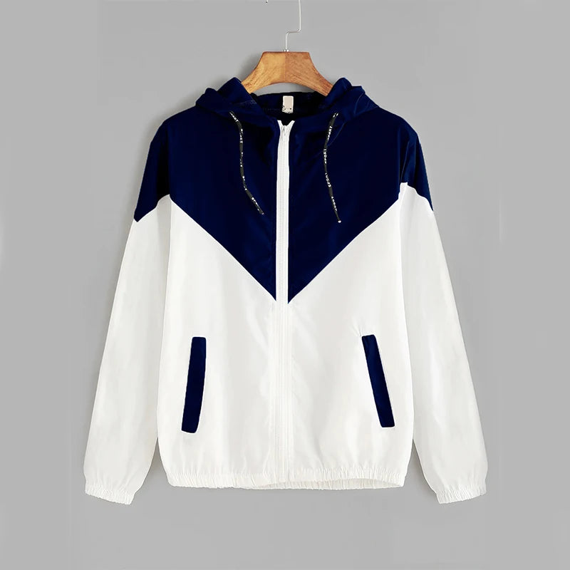 Hooded Patchwork Running Jacket – Lightweight Zip-Up Sport Outwear Coat