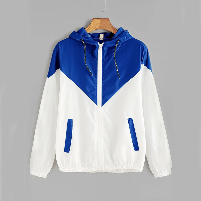 Hooded Patchwork Running Jacket – Lightweight Zip-Up Sport Outwear Coat