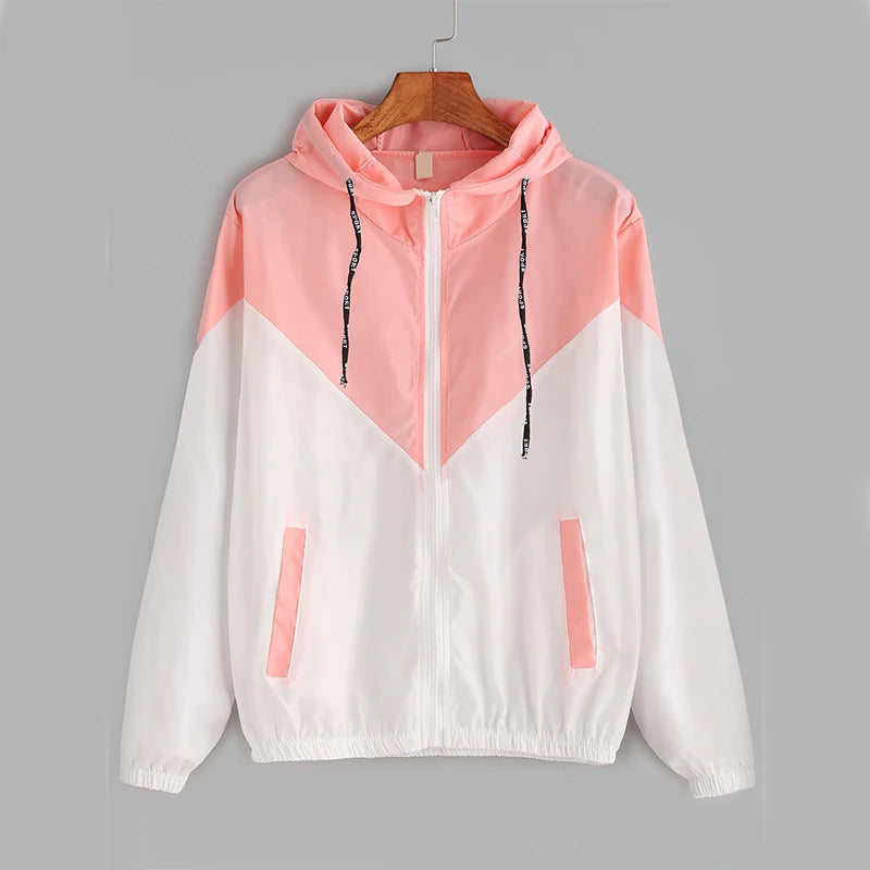 Hooded Patchwork Running Jacket – Lightweight Zip-Up Sport Outwear Coat