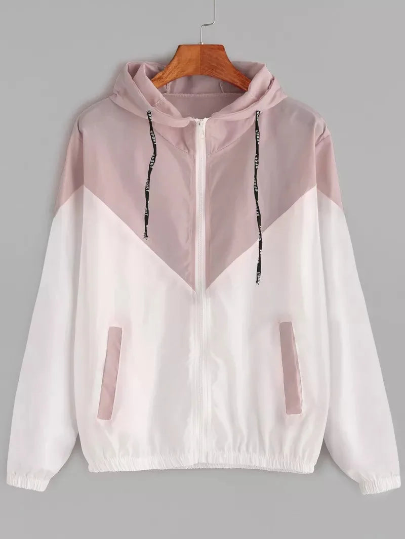 Hooded Patchwork Running Jacket – Lightweight Zip-Up Sport Outwear Coat