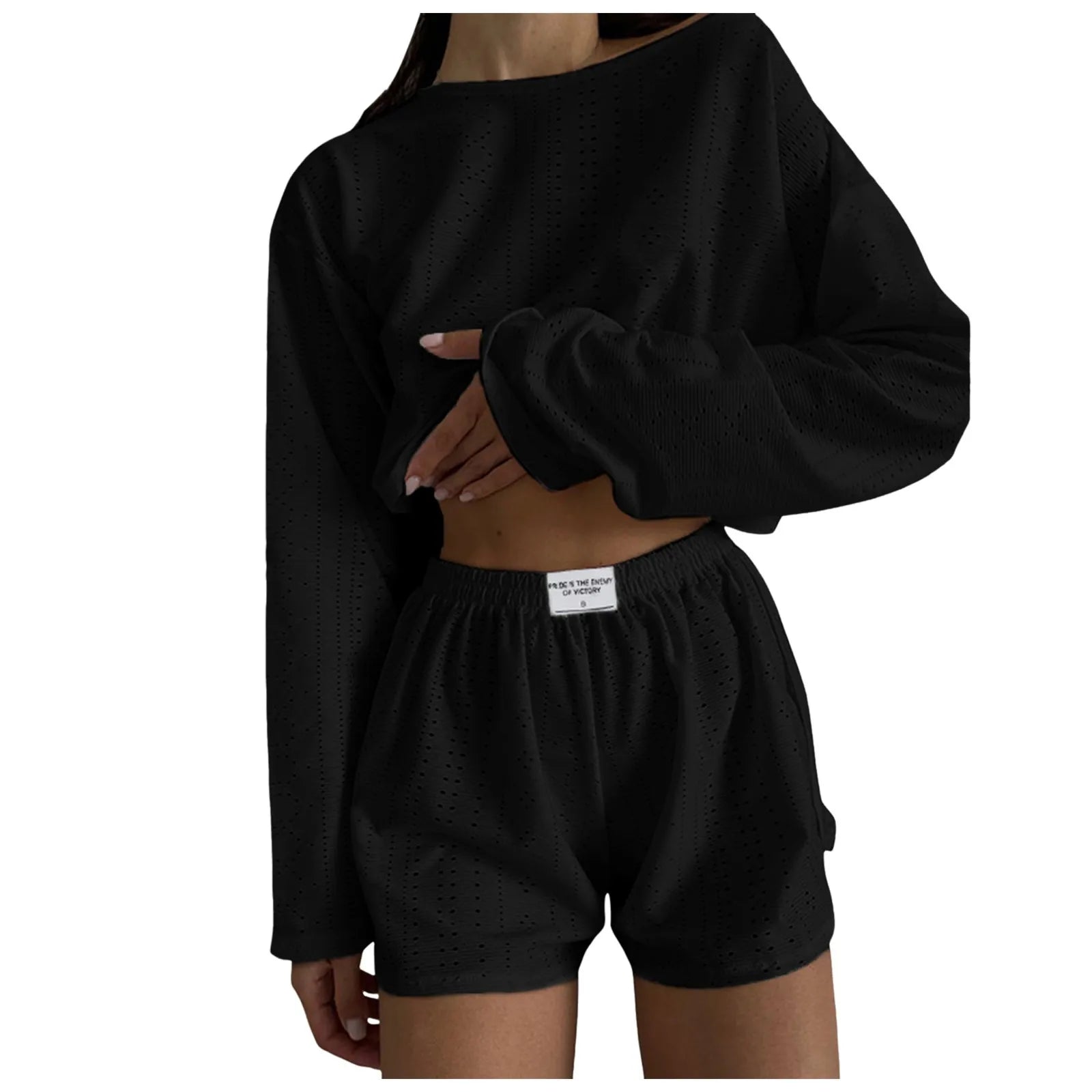 Women’s 2-Piece Casual Shorts Set – O-Neck Long Sleeve Lounge Co-ord Outfit