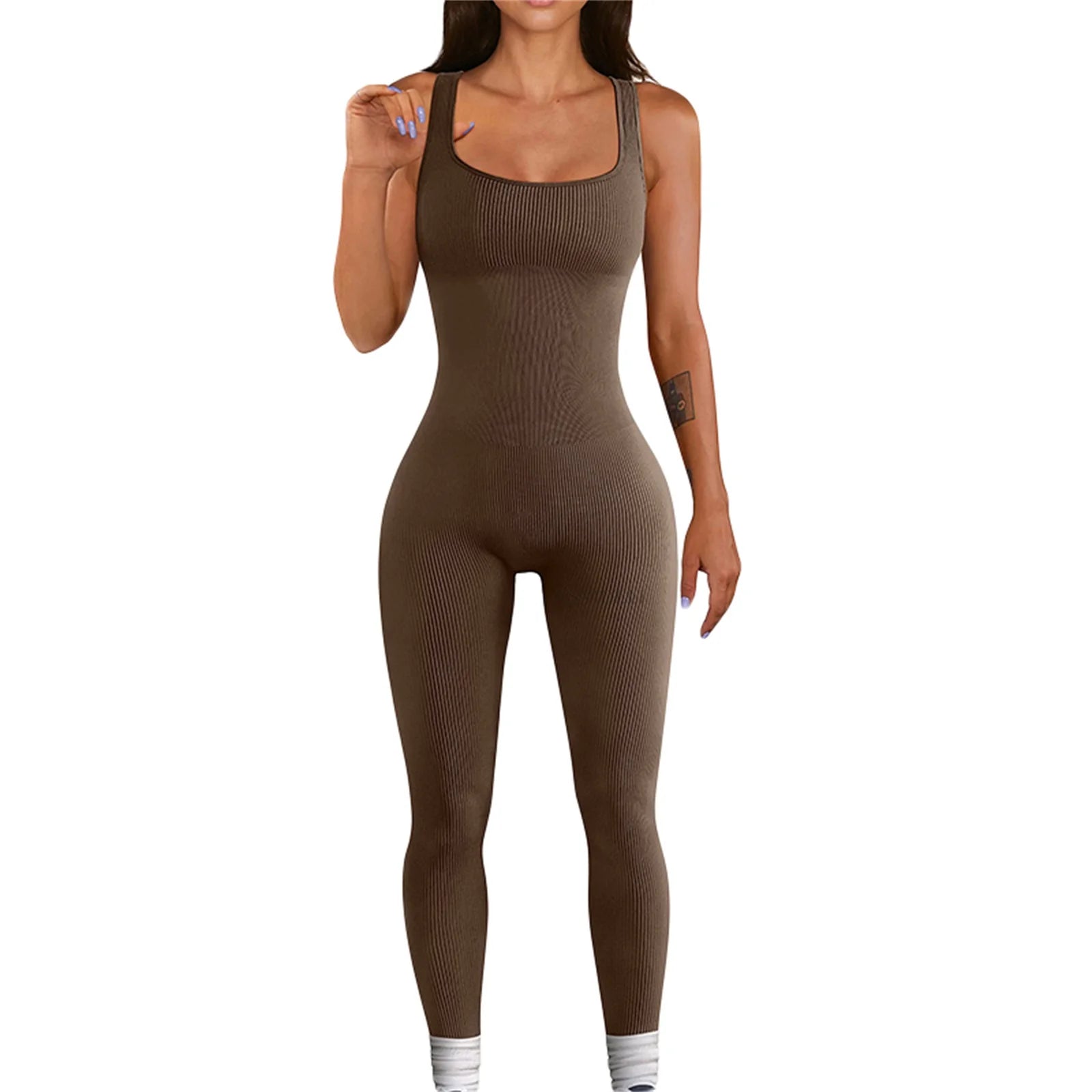 Women’s Sleeveless Bodycon Jumpsuit – Diamond Accent U-Neck Clubwear Romper