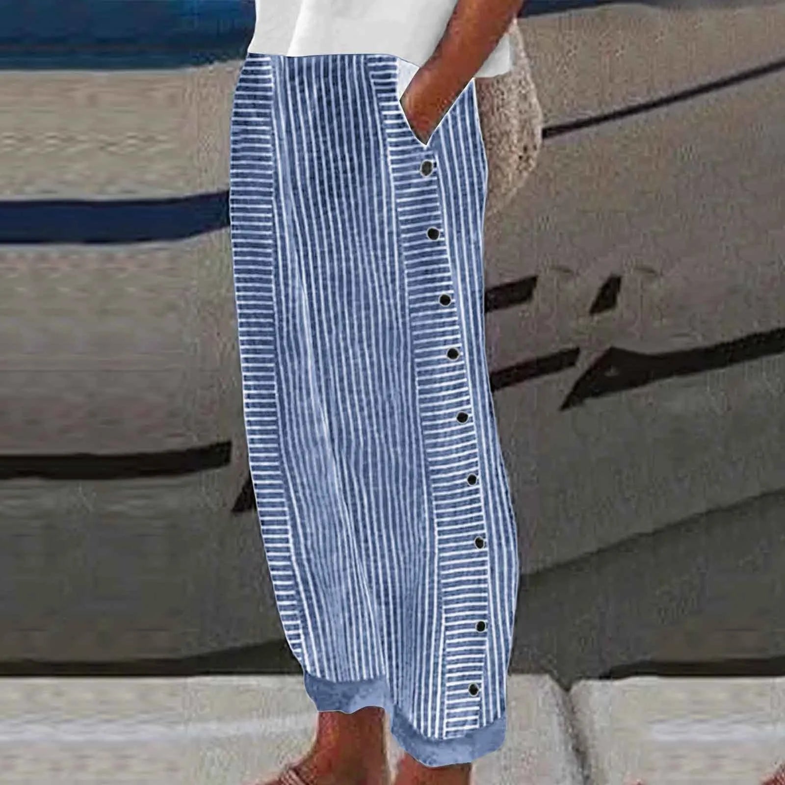 Women's Linen Wide Leg Pants – Striped High Waist Button Casual Yoga Trousers