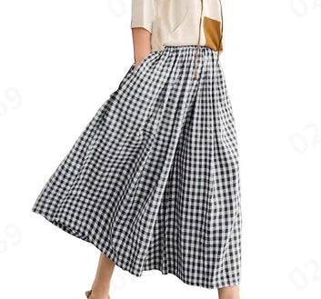 Women’s High Waist Checkered Wide Leg Culotte Pants – A-Line Pocket Trousers