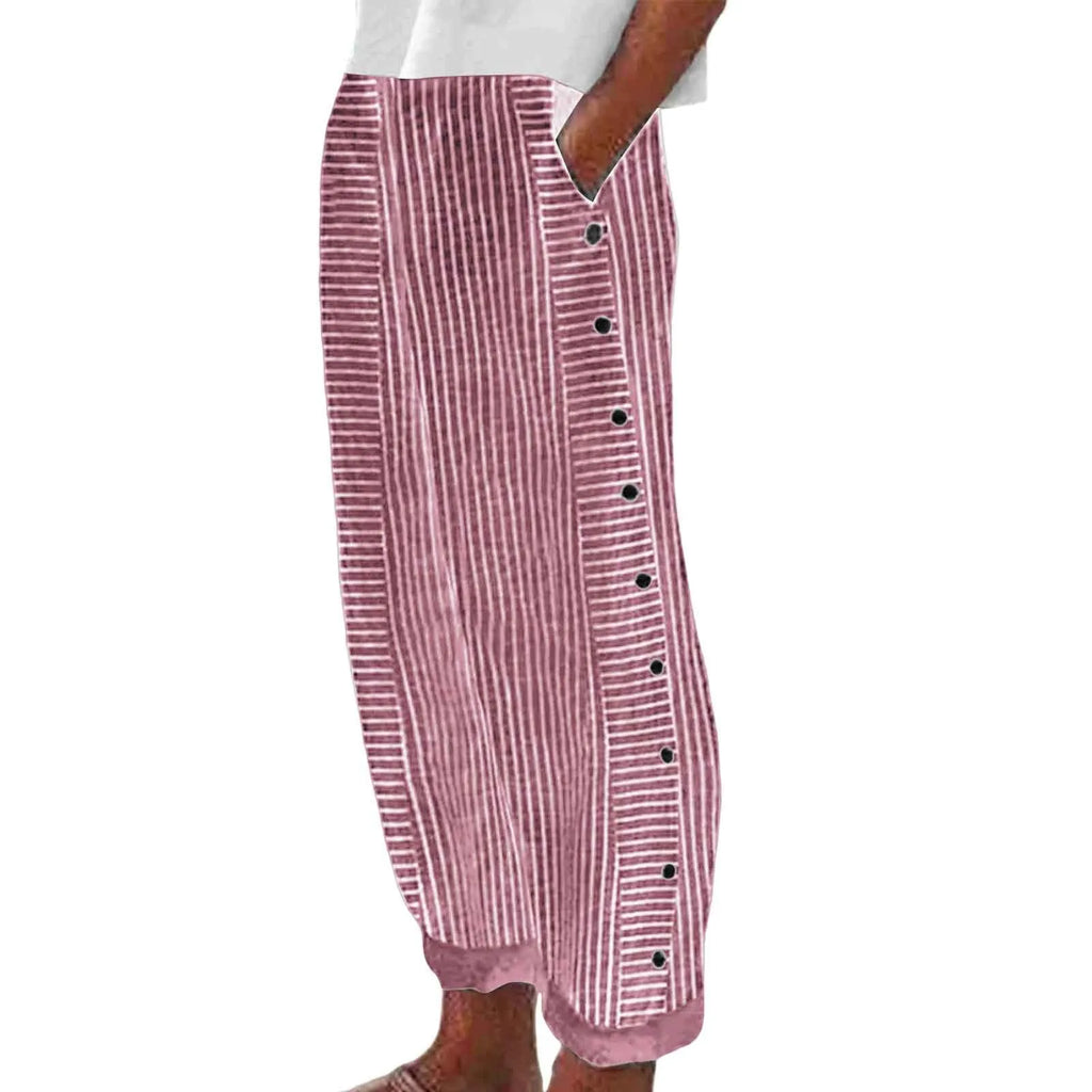Women's Linen Wide Leg Pants – Striped High Waist Button Casual Yoga Trousers