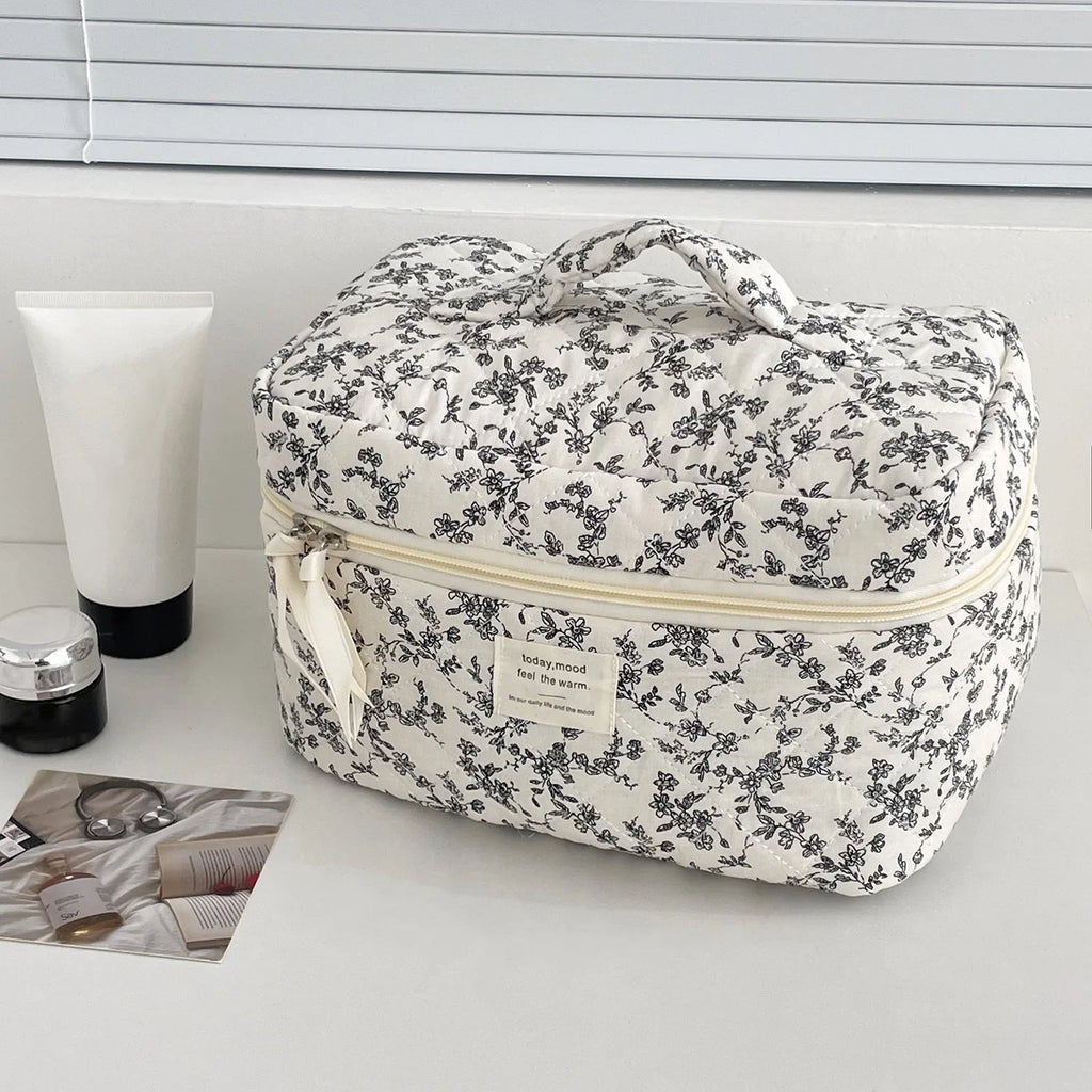 Black Floral Quilted Makeup Tote Bag – Travel Cosmetic Handbag Organizer