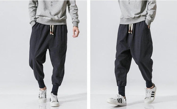 Men’s Cotton Linen Harem Jogger Pants – Baggy Drop-Crotch Streetwear Trousers
