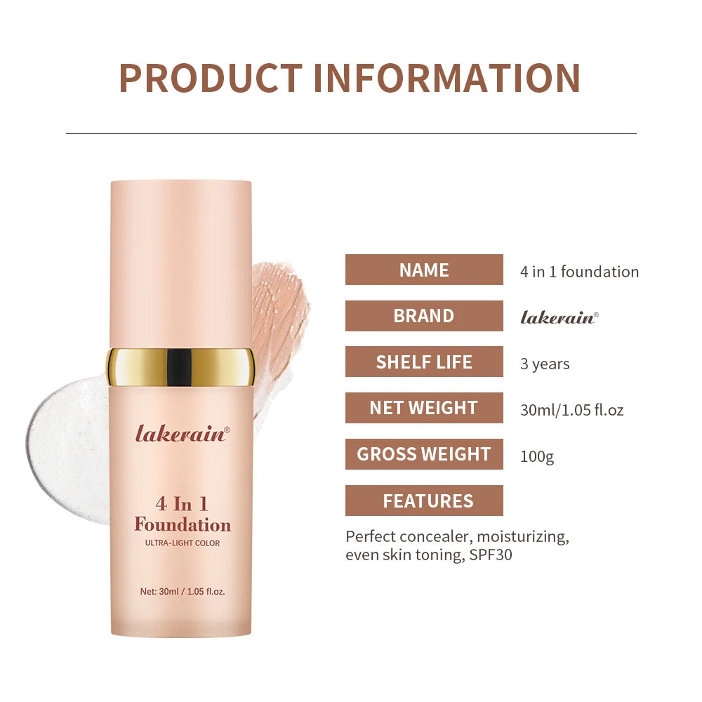 4-in-1 SPF30 Full Coverage Foundation – Waterproof Hydrating Concealer Skin Tone