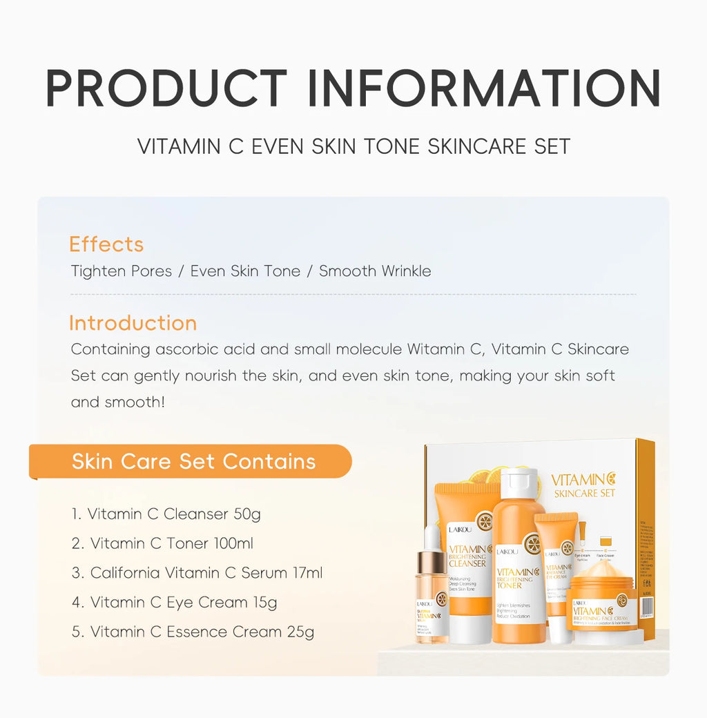 LAIKOU Vitamin C Brightening Skincare Set – 5-Piece Anti-Aging Glow Kit