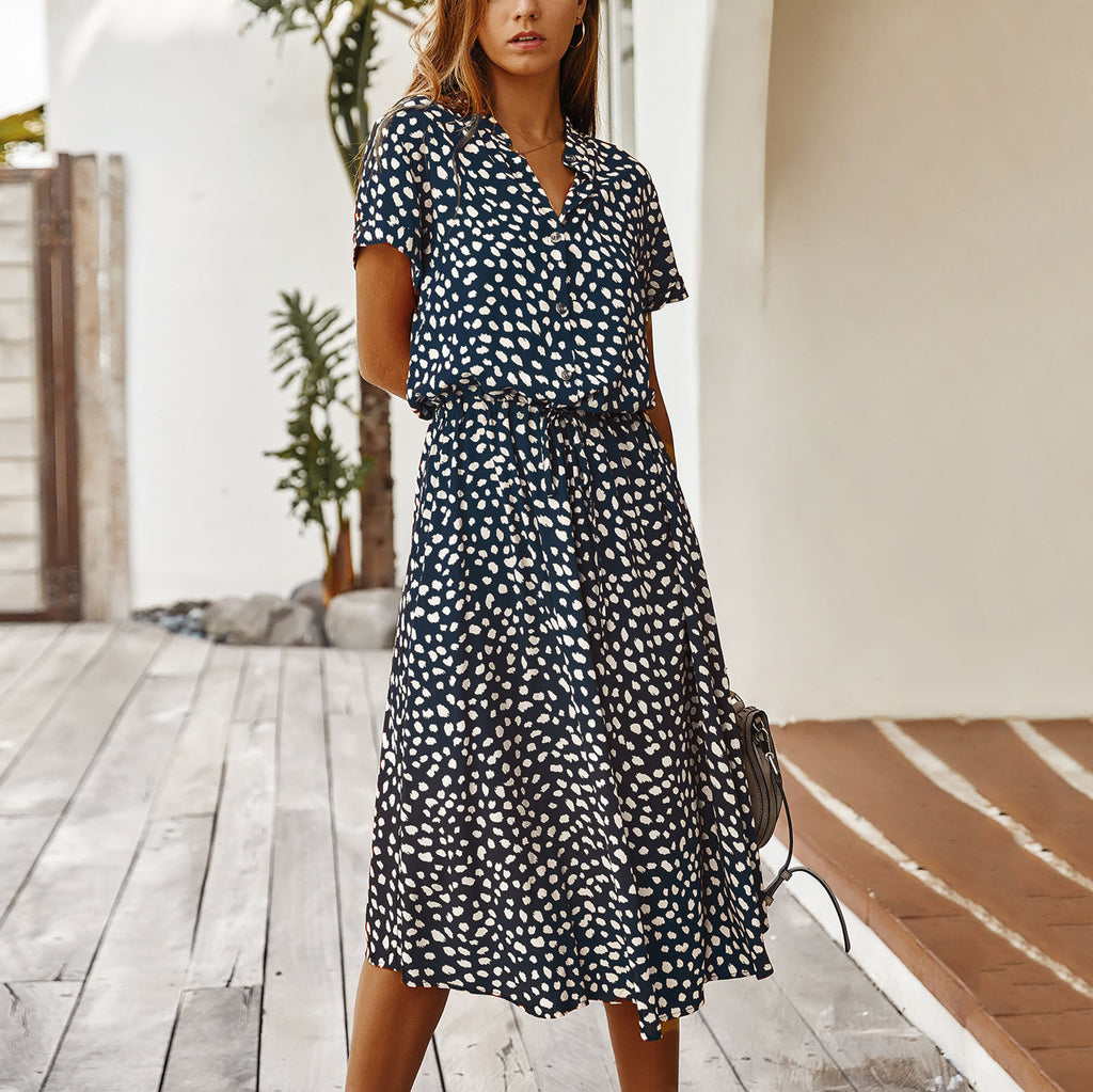Women’s Polka Dot Button Summer Dress – Drawstring High Waist Knee Length