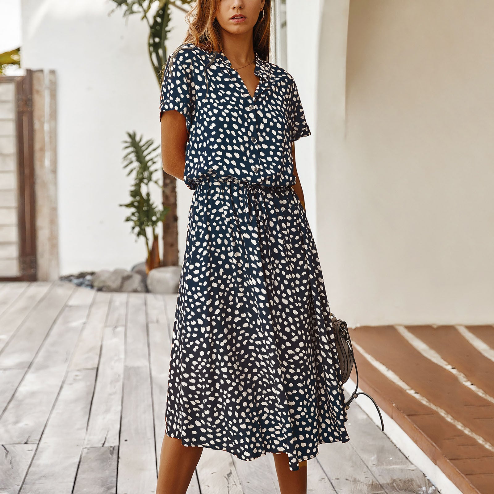 Women’s Polka Dot Button Summer Dress – Drawstring High Waist Knee Length
