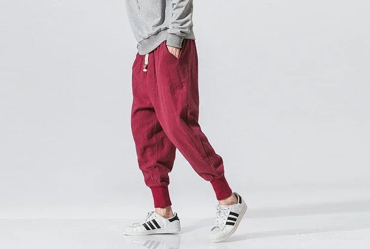 Men’s Cotton Linen Harem Jogger Pants – Baggy Drop-Crotch Streetwear Trousers