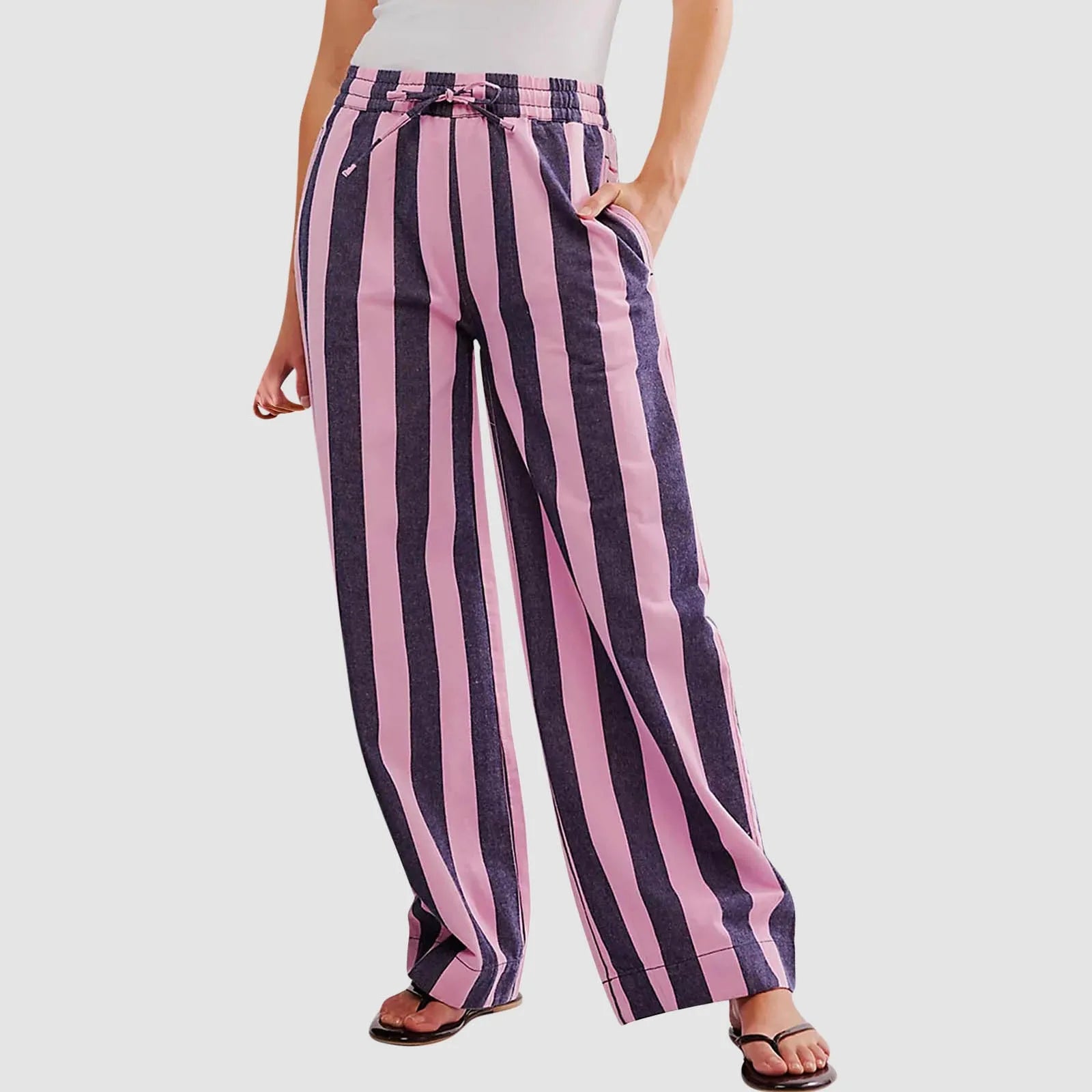 Women’s Striped High Waist Wide Leg Palazzo Pants – Color Block Lounge Trousers