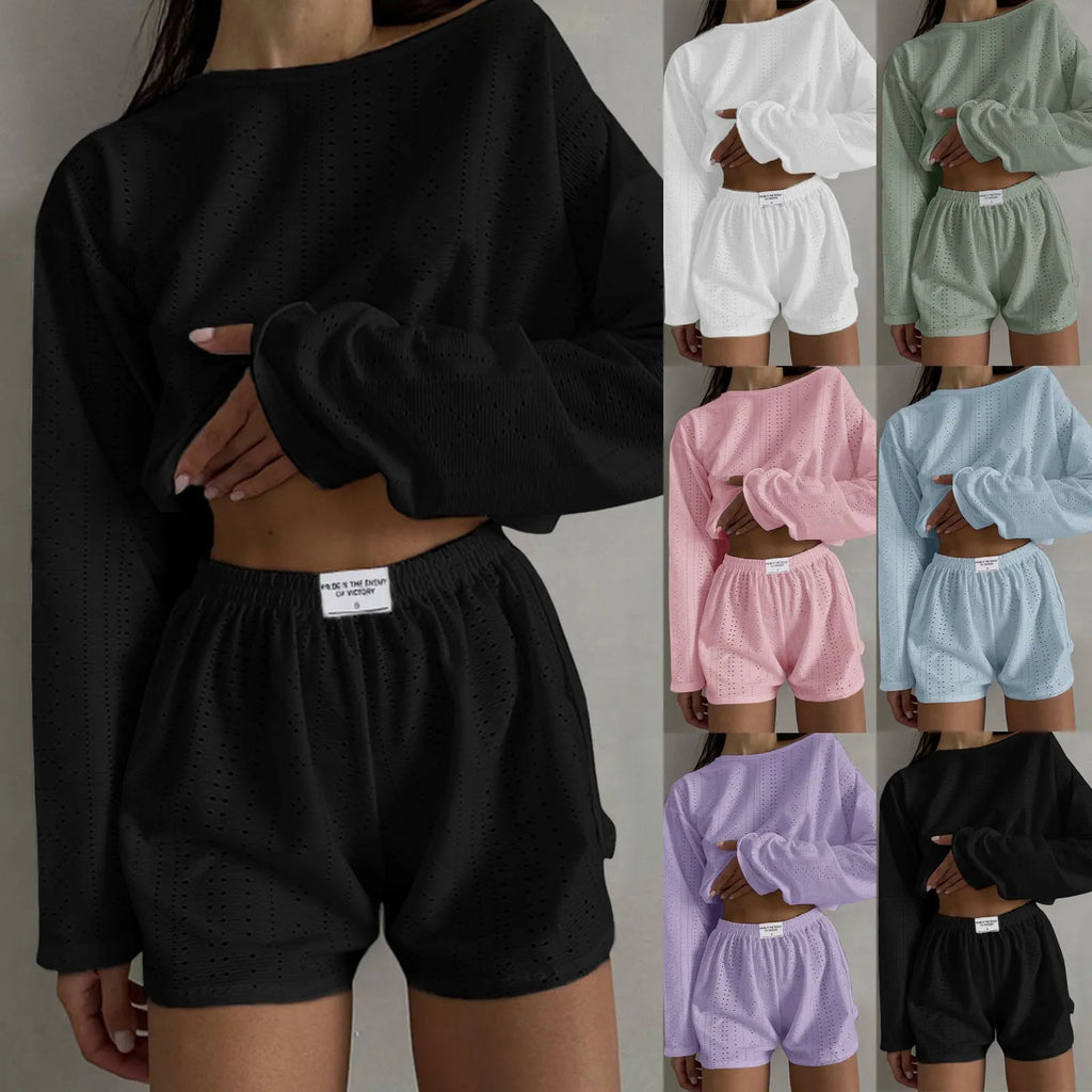 Women’s 2-Piece Casual Shorts Set – O-Neck Long Sleeve Lounge Co-ord Outfit