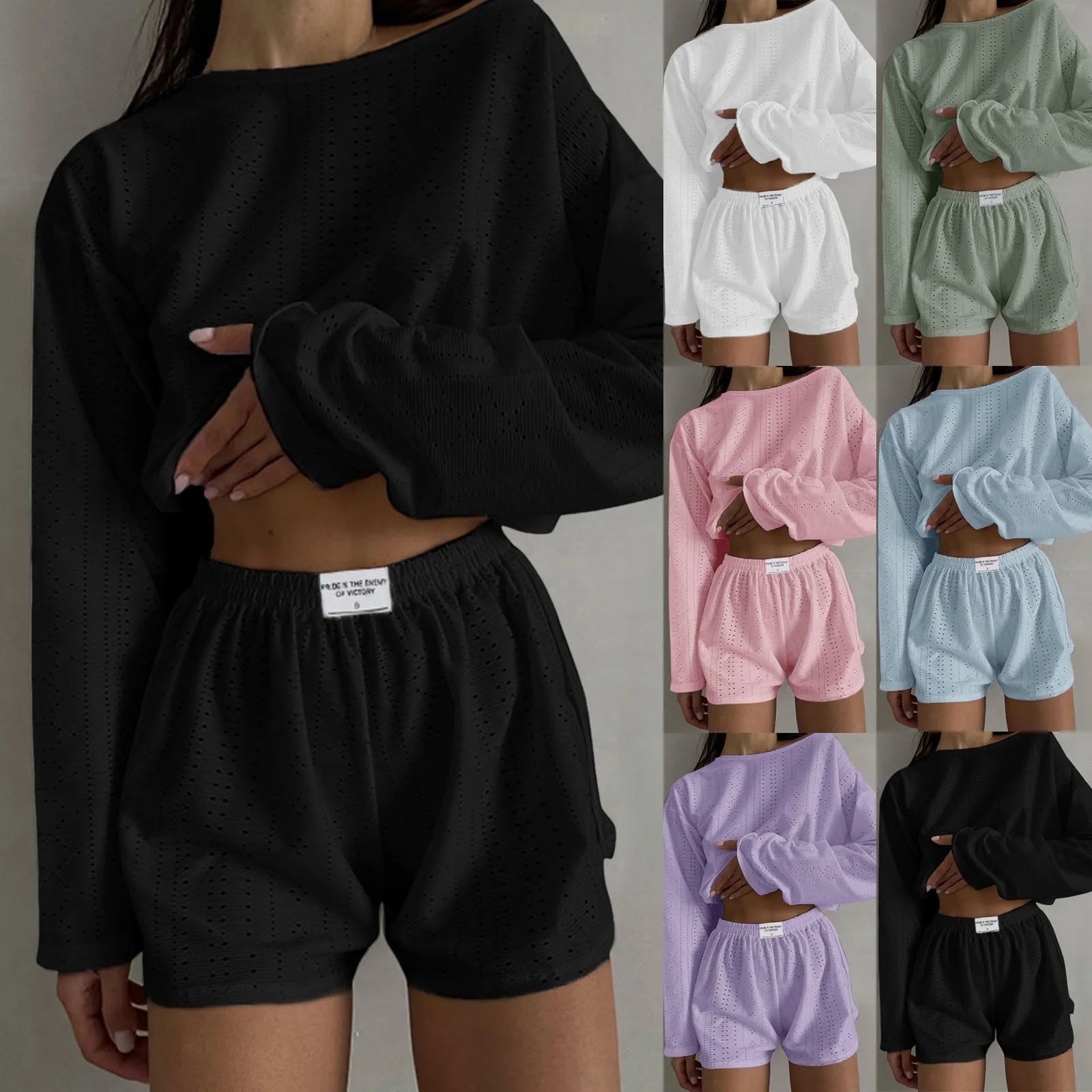 Women’s 2-Piece Casual Shorts Set – O-Neck Long Sleeve Lounge Co-ord Outfit