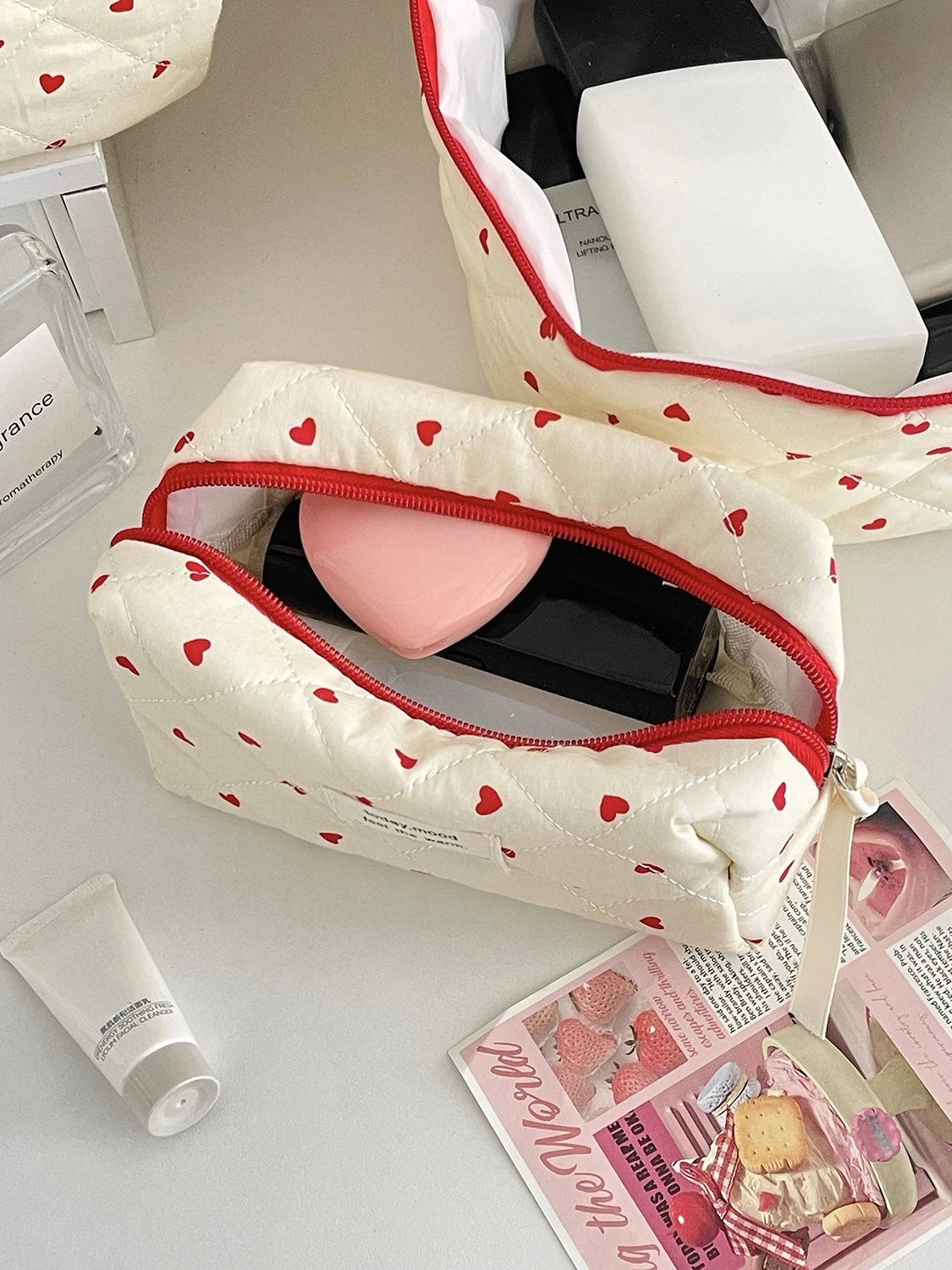 Black Floral Quilted Makeup Tote Bag – Travel Cosmetic Handbag Organizer