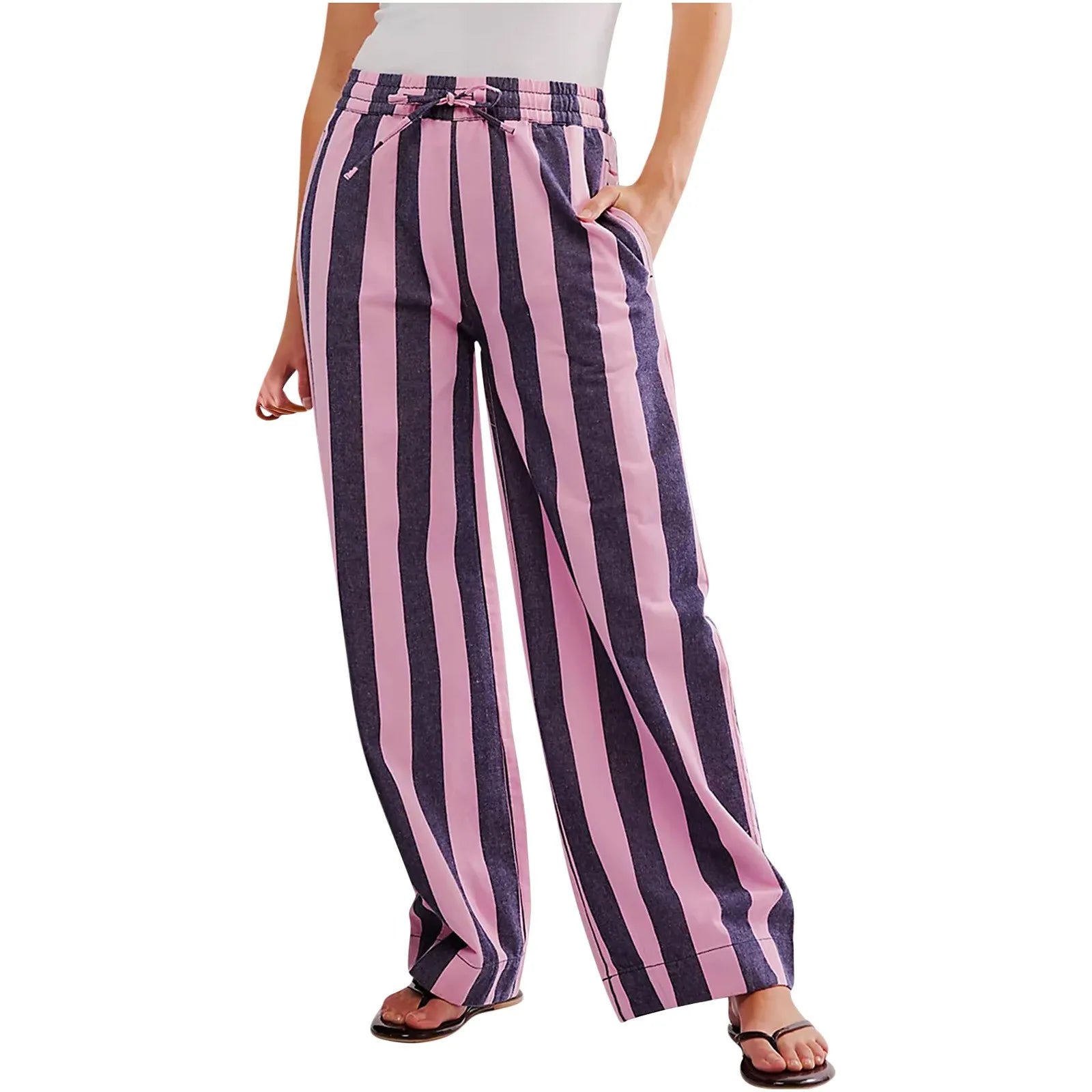 Women’s Striped High Waist Wide Leg Palazzo Pants – Color Block Lounge Trousers