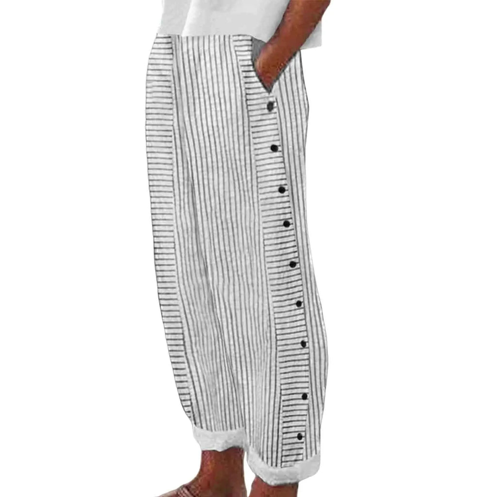 Women's Linen Wide Leg Pants – Striped High Waist Button Casual Yoga Trousers