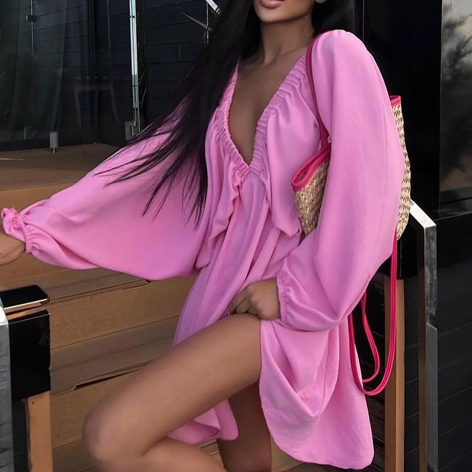 Women’s Deep V-Neck Pleated Wrap Dress – Elegant Long Sleeve Solid Casual