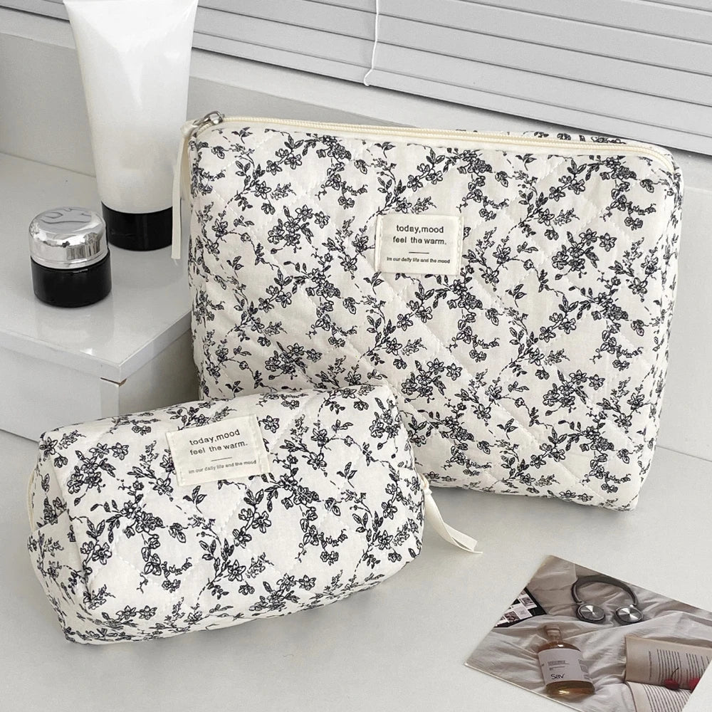 Black Floral Quilted Makeup Tote Bag – Travel Cosmetic Handbag Organizer