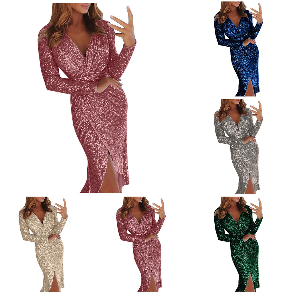 Women’s Slim Night Club Party Dress – Deep V Hot Stamp Wrap Hip Long Sleeve