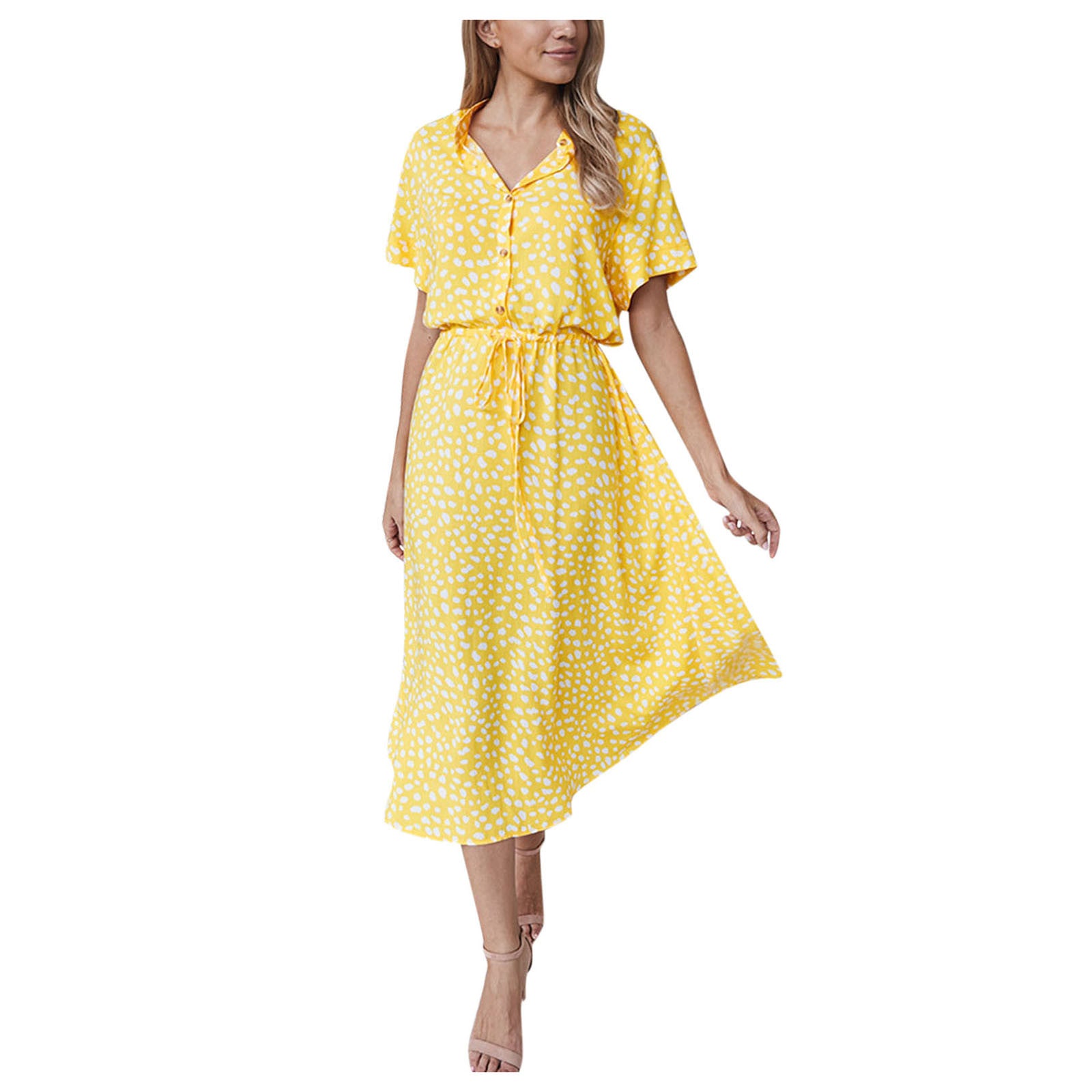 Women’s Polka Dot Button Summer Dress – Drawstring High Waist Knee Length