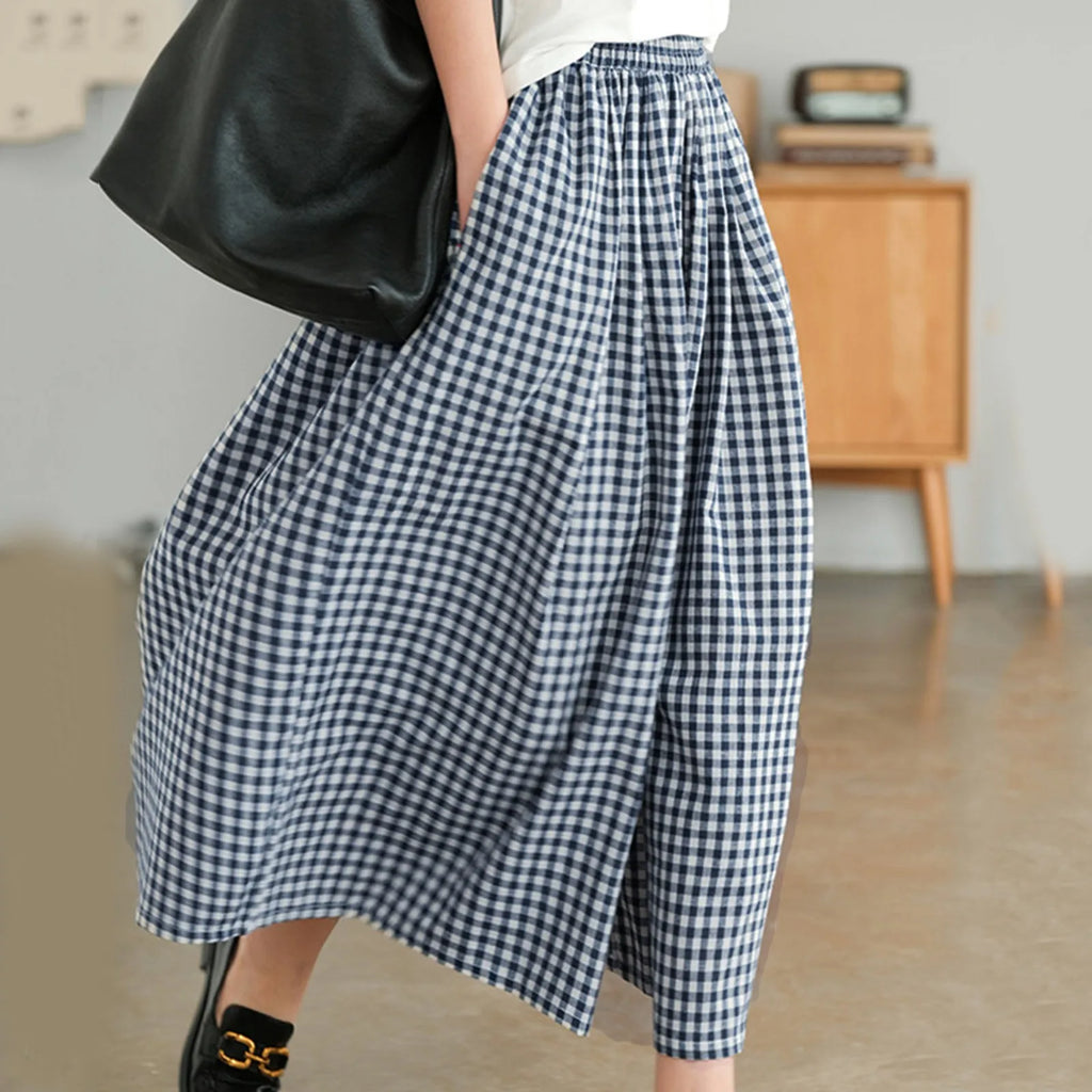 Women’s High Waist Checkered Wide Leg Culotte Pants – A-Line Pocket Trousers