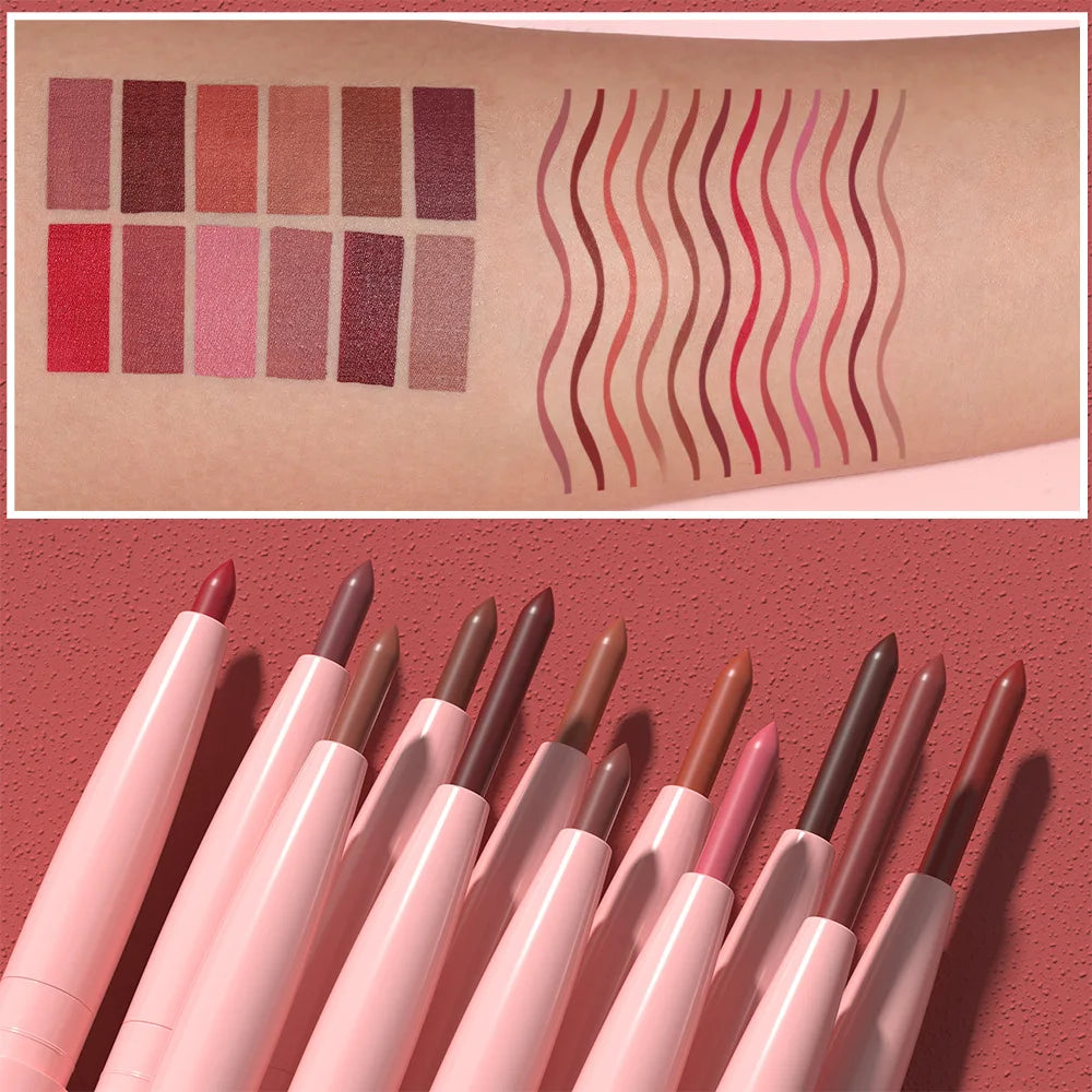 12-Color Matte Lip Liner Pencil Set – Waterproof Highly Pigmented Nude Pink