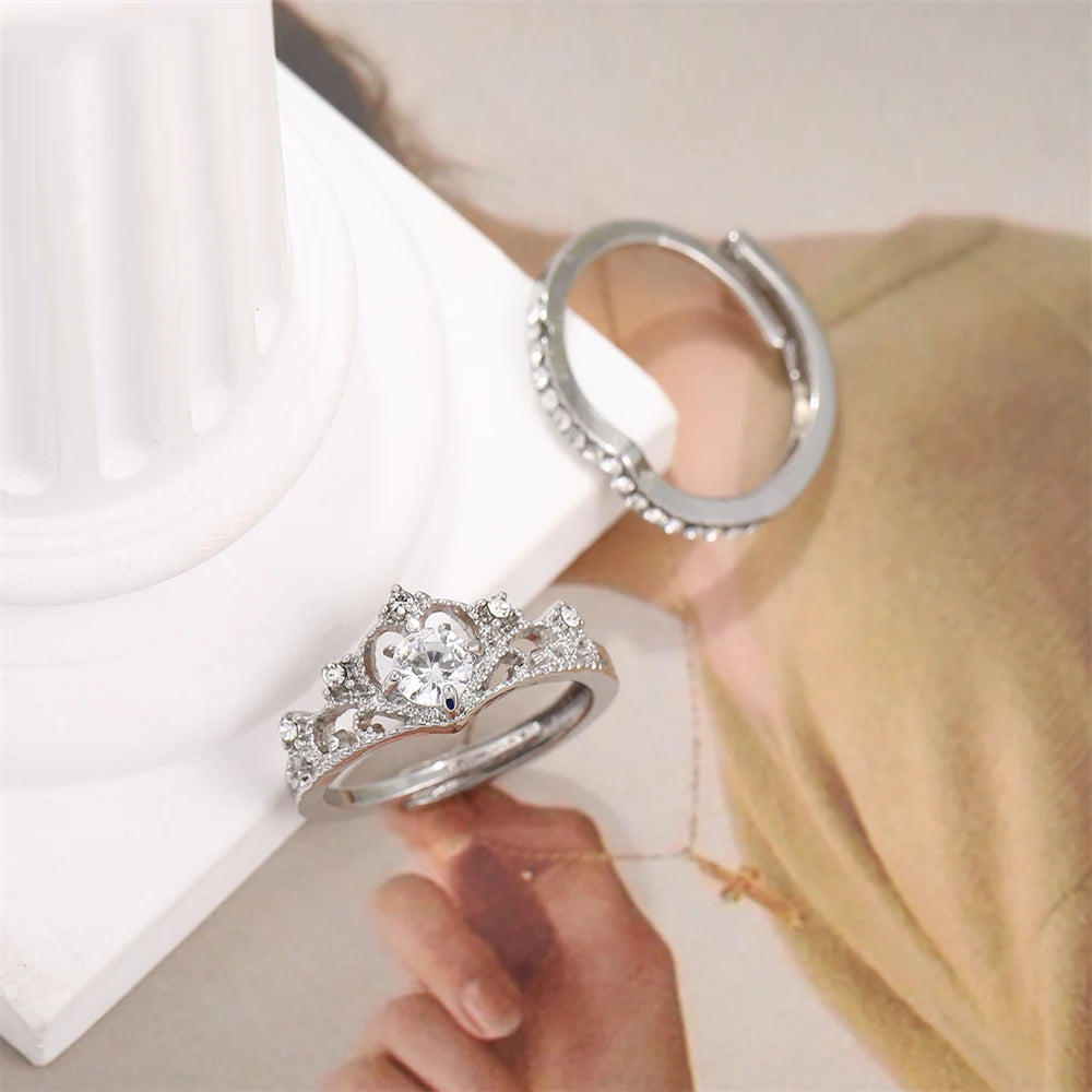Fairy Sparkling Crown Ring Set – 2PC Adjustable Crystal Korean Party Rings