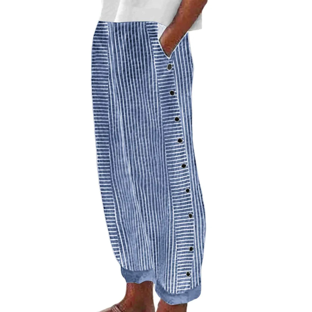 Women's Linen Wide Leg Pants – Striped High Waist Button Casual Yoga Trousers