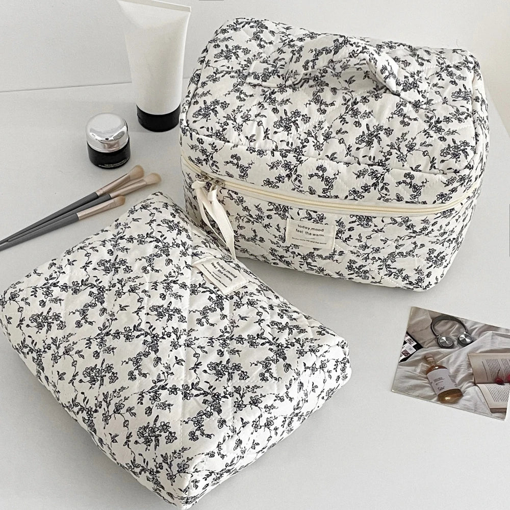 Black Floral Quilted Makeup Tote Bag – Travel Cosmetic Handbag Organizer