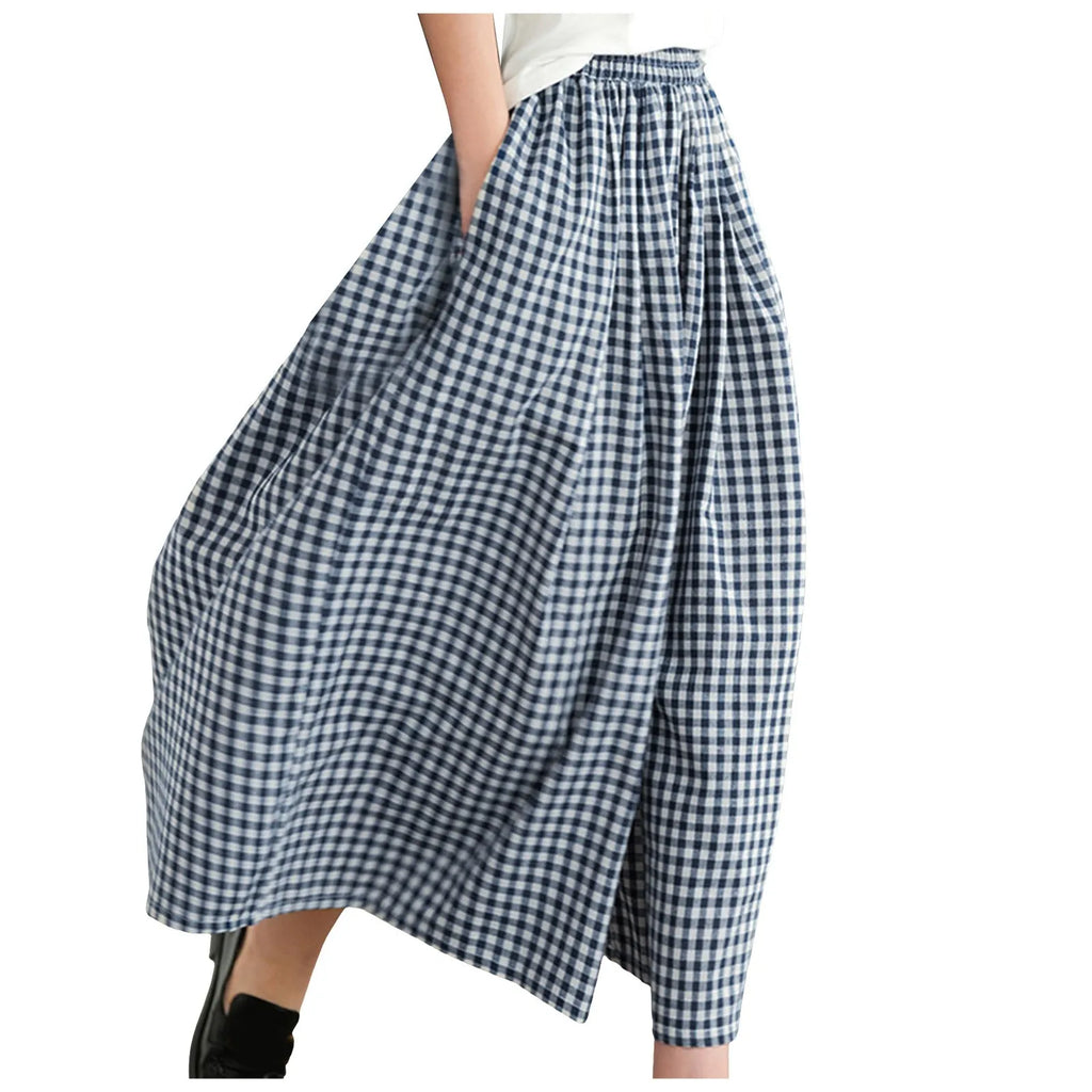 Women’s High Waist Checkered Wide Leg Culotte Pants – A-Line Pocket Trousers