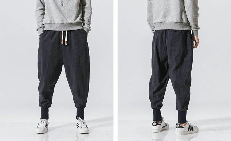 Men’s Cotton Linen Harem Jogger Pants – Baggy Drop-Crotch Streetwear Trousers