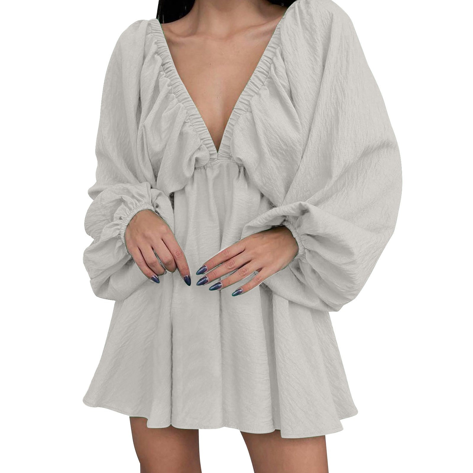Women’s Deep V-Neck Pleated Wrap Dress – Elegant Long Sleeve Solid Casual