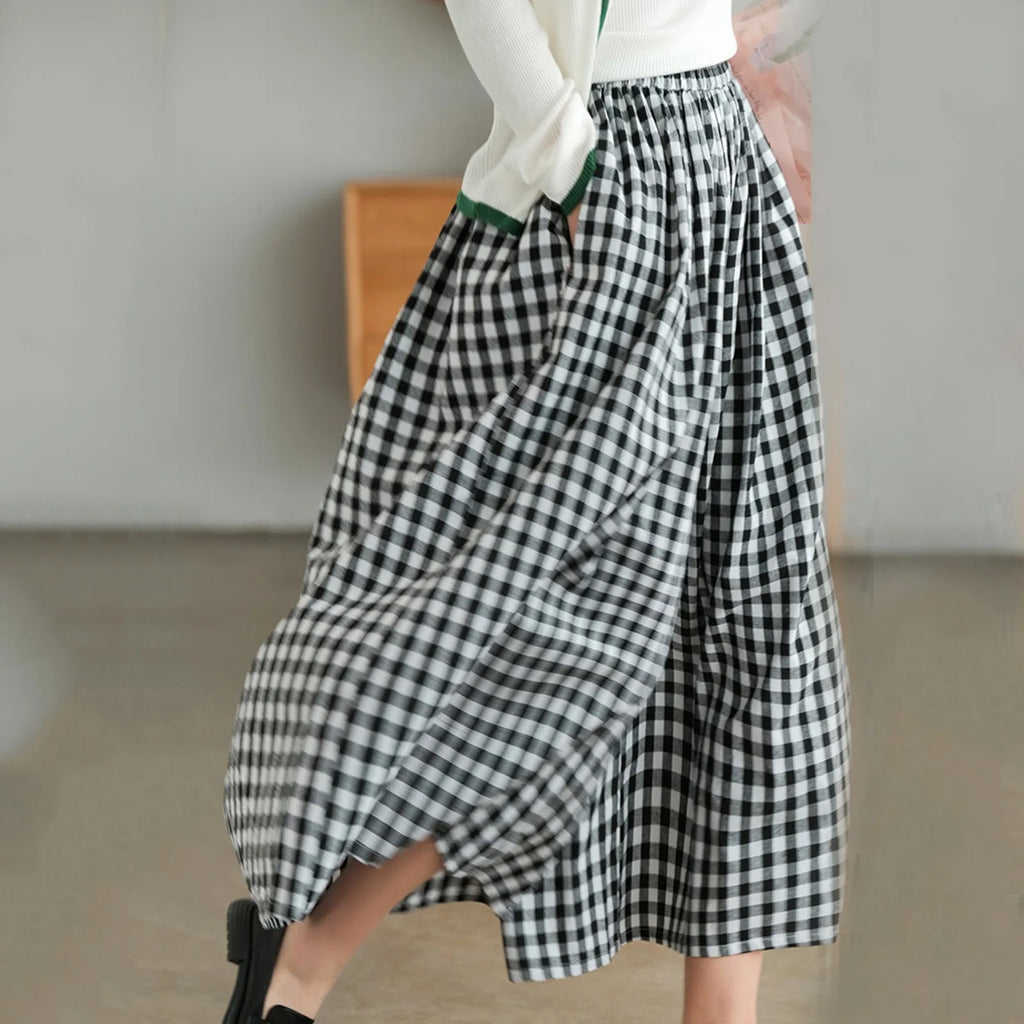 Women’s High Waist Checkered Wide Leg Culotte Pants – A-Line Pocket Trousers