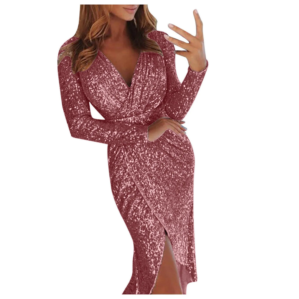 Women’s Slim Night Club Party Dress – Deep V Hot Stamp Wrap Hip Long Sleeve