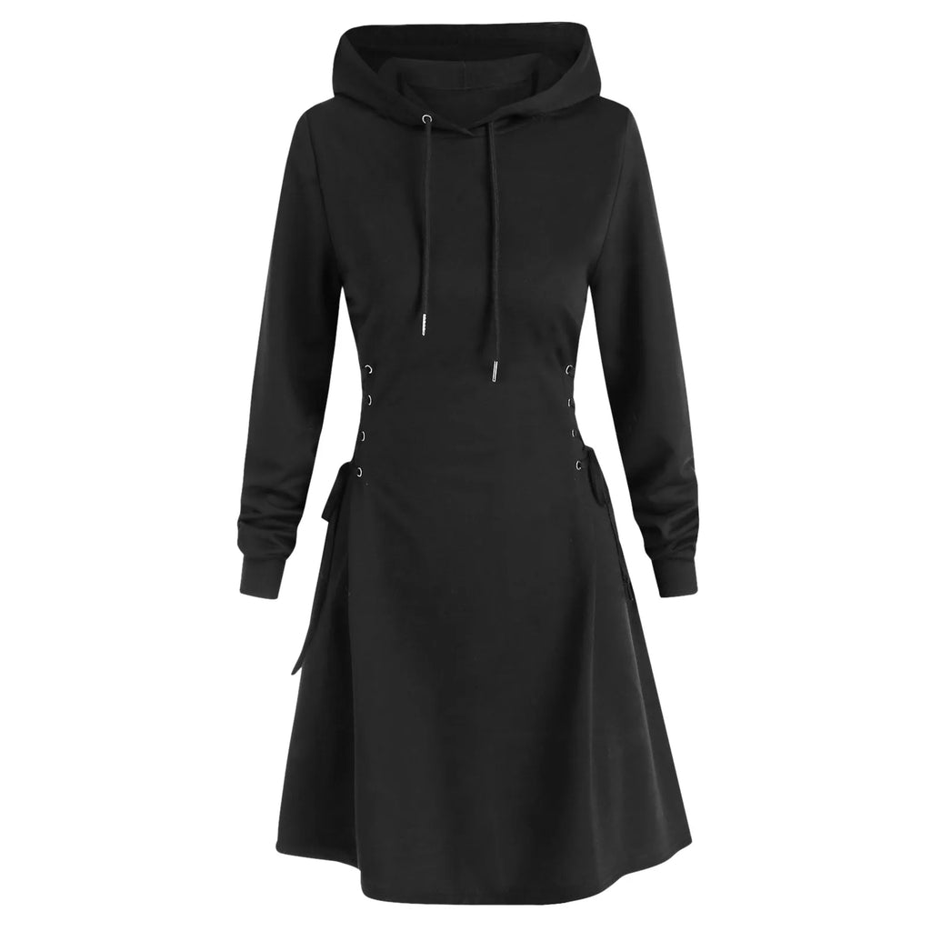 Women’s Hooded Sweatshirt Dress – Lace-Up Waist Long Sleeve Pullover Hoodie