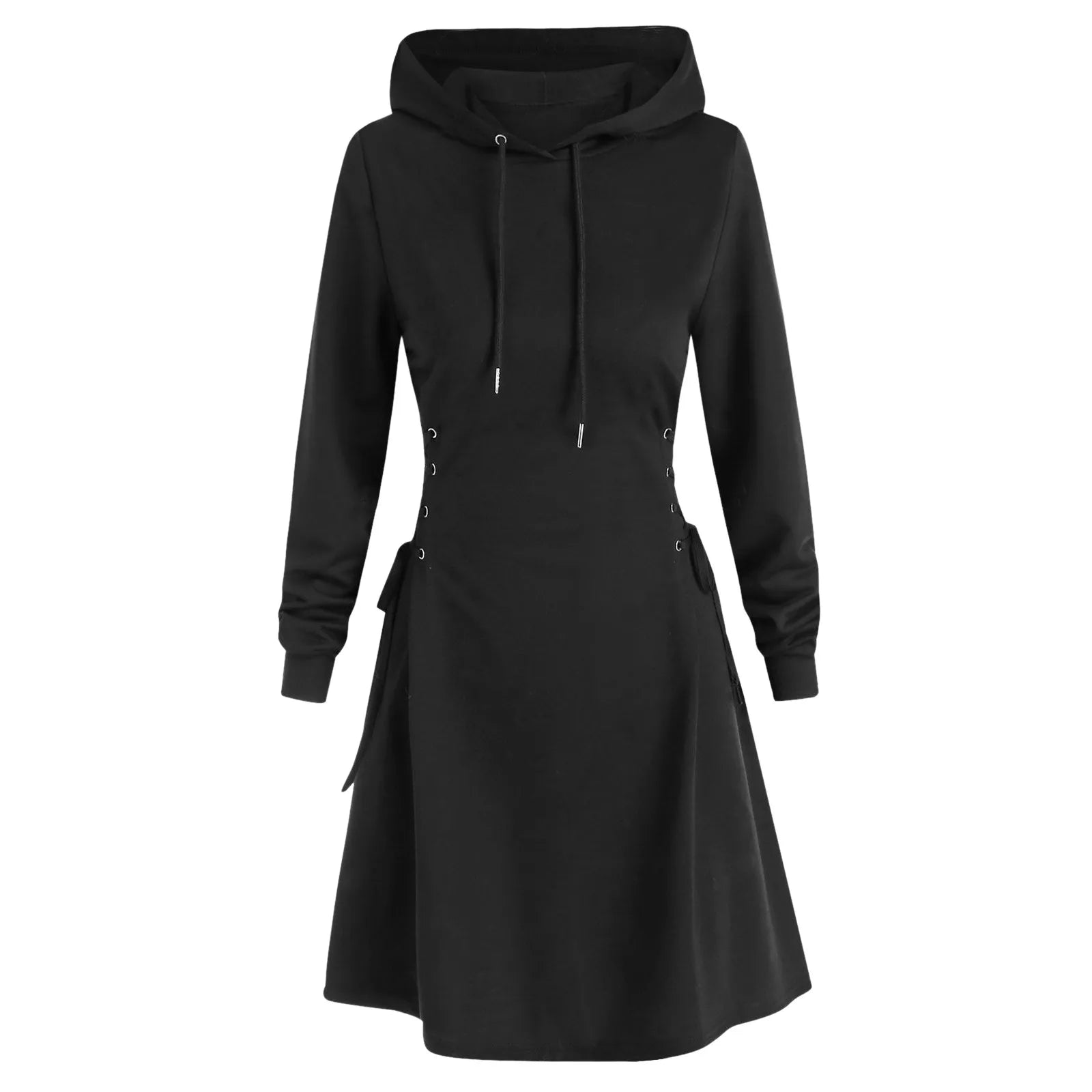 Women’s Hooded Sweatshirt Dress – Lace-Up Waist Long Sleeve Pullover Hoodie
