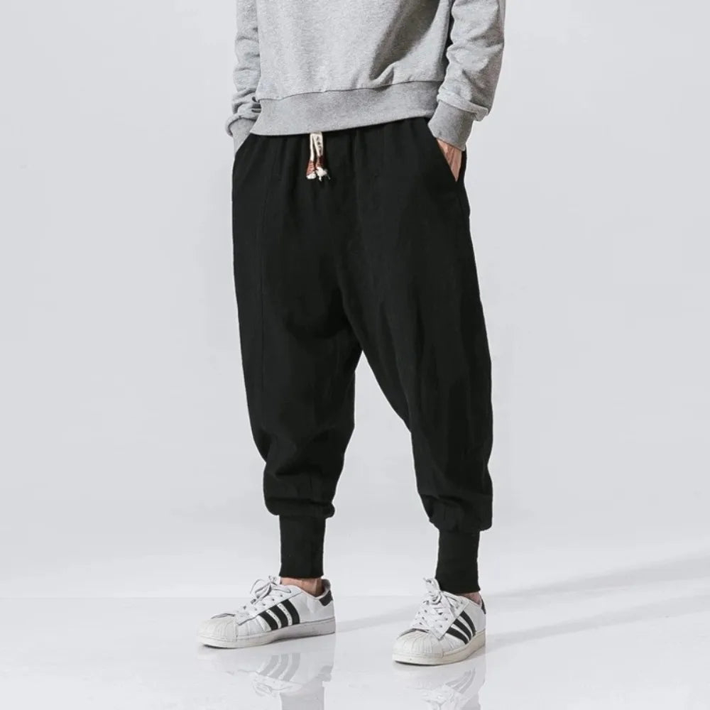 Men’s Cotton Linen Harem Jogger Pants – Baggy Drop-Crotch Streetwear Trousers