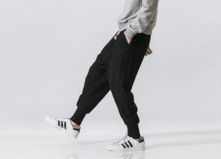 Men’s Cotton Linen Harem Jogger Pants – Baggy Drop-Crotch Streetwear Trousers