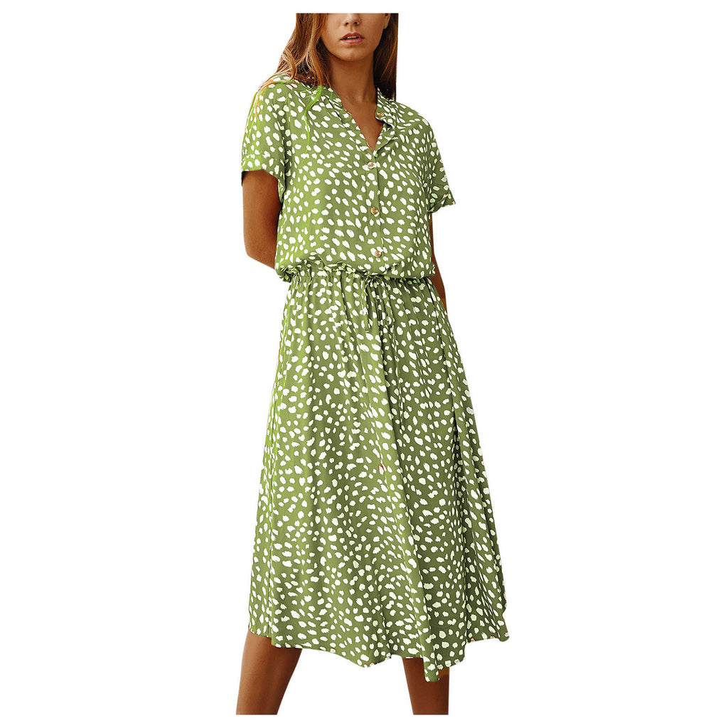 Women’s Polka Dot Button Summer Dress – Drawstring High Waist Knee Length