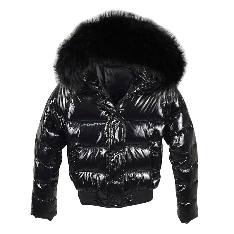Waterproof Faux Fur Hooded Parka – Glossy Short Outerwear, European Black for Autumn & Winter