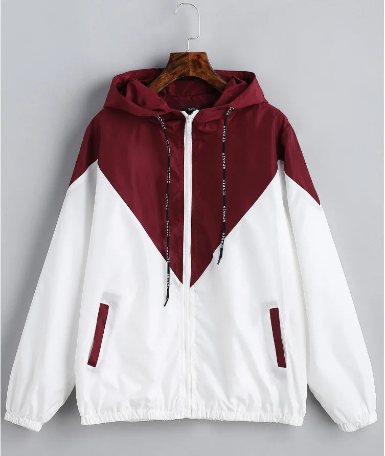 Hooded Patchwork Running Jacket – Lightweight Zip-Up Sport Outwear Coat