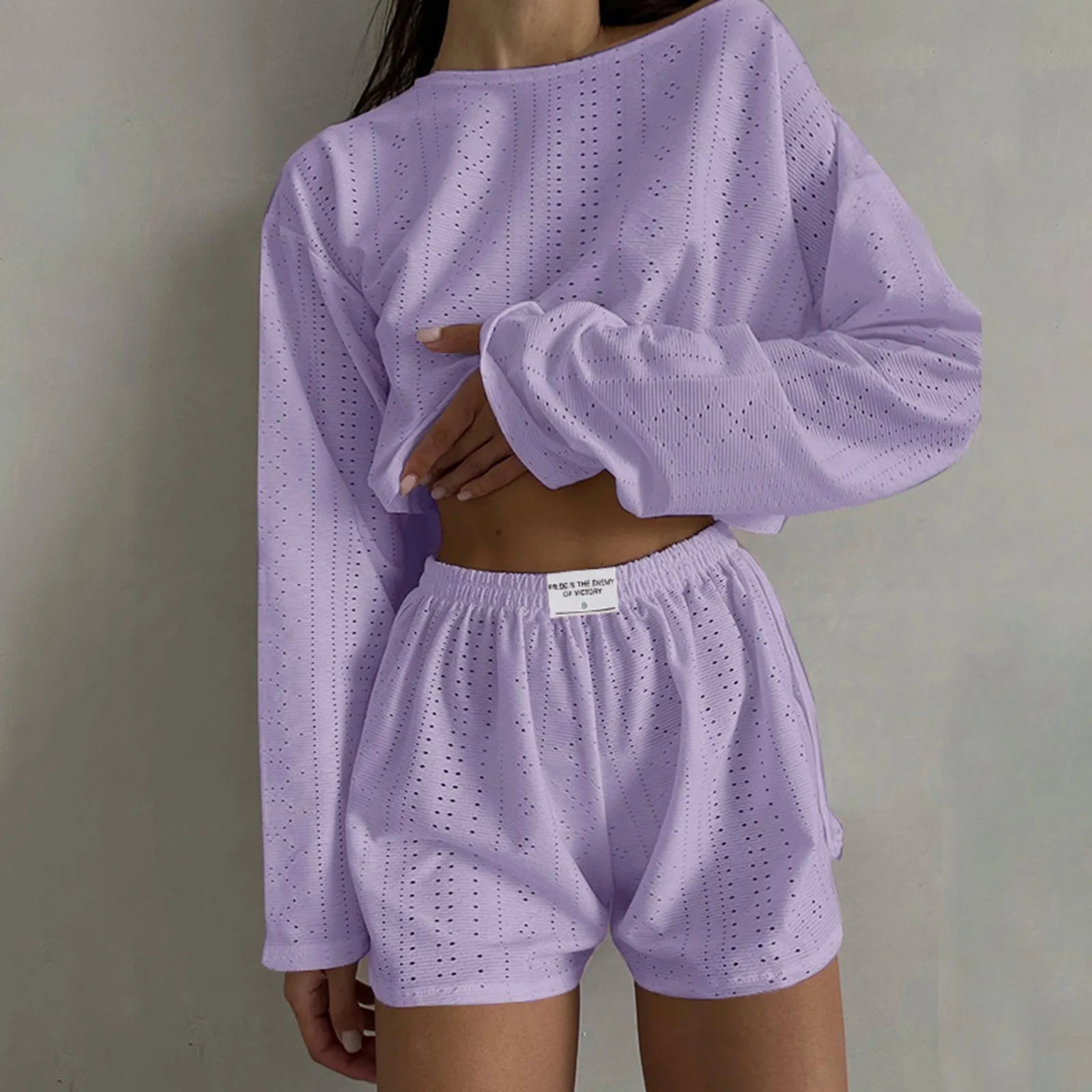 Women’s 2-Piece Casual Shorts Set – O-Neck Long Sleeve Lounge Co-ord Outfit
