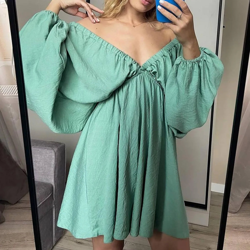 Women’s Deep V-Neck Pleated Wrap Dress – Elegant Long Sleeve Solid Casual
