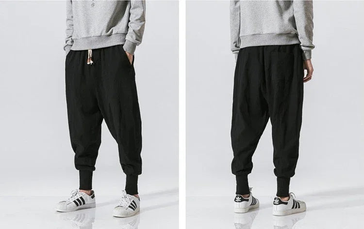 Men’s Cotton Linen Harem Jogger Pants – Baggy Drop-Crotch Streetwear Trousers