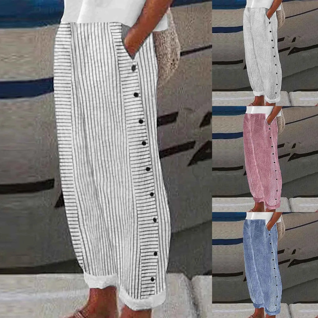 Women's Linen Wide Leg Pants – Striped High Waist Button Casual Yoga Trousers