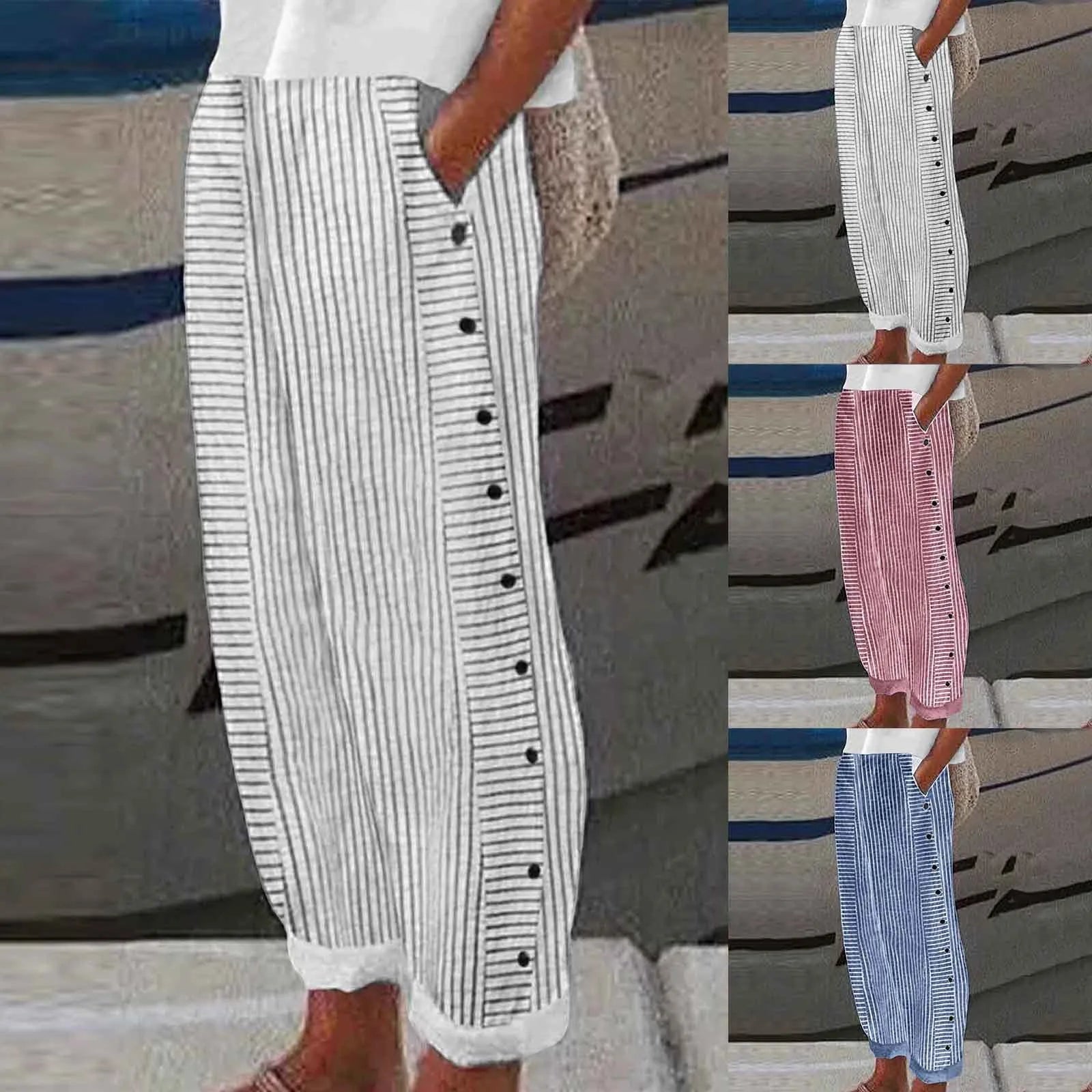 Women's Linen Wide Leg Pants – Striped High Waist Button Casual Yoga Trousers