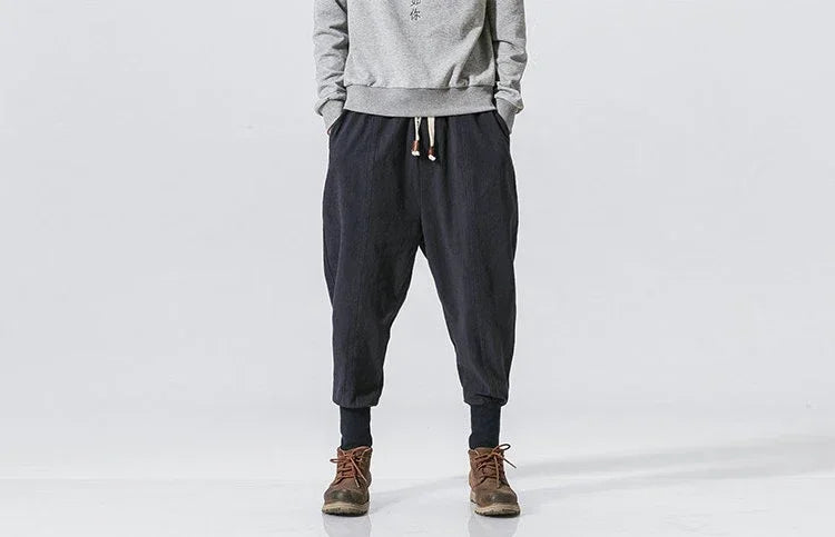 Men’s Cotton Linen Harem Jogger Pants – Baggy Drop-Crotch Streetwear Trousers