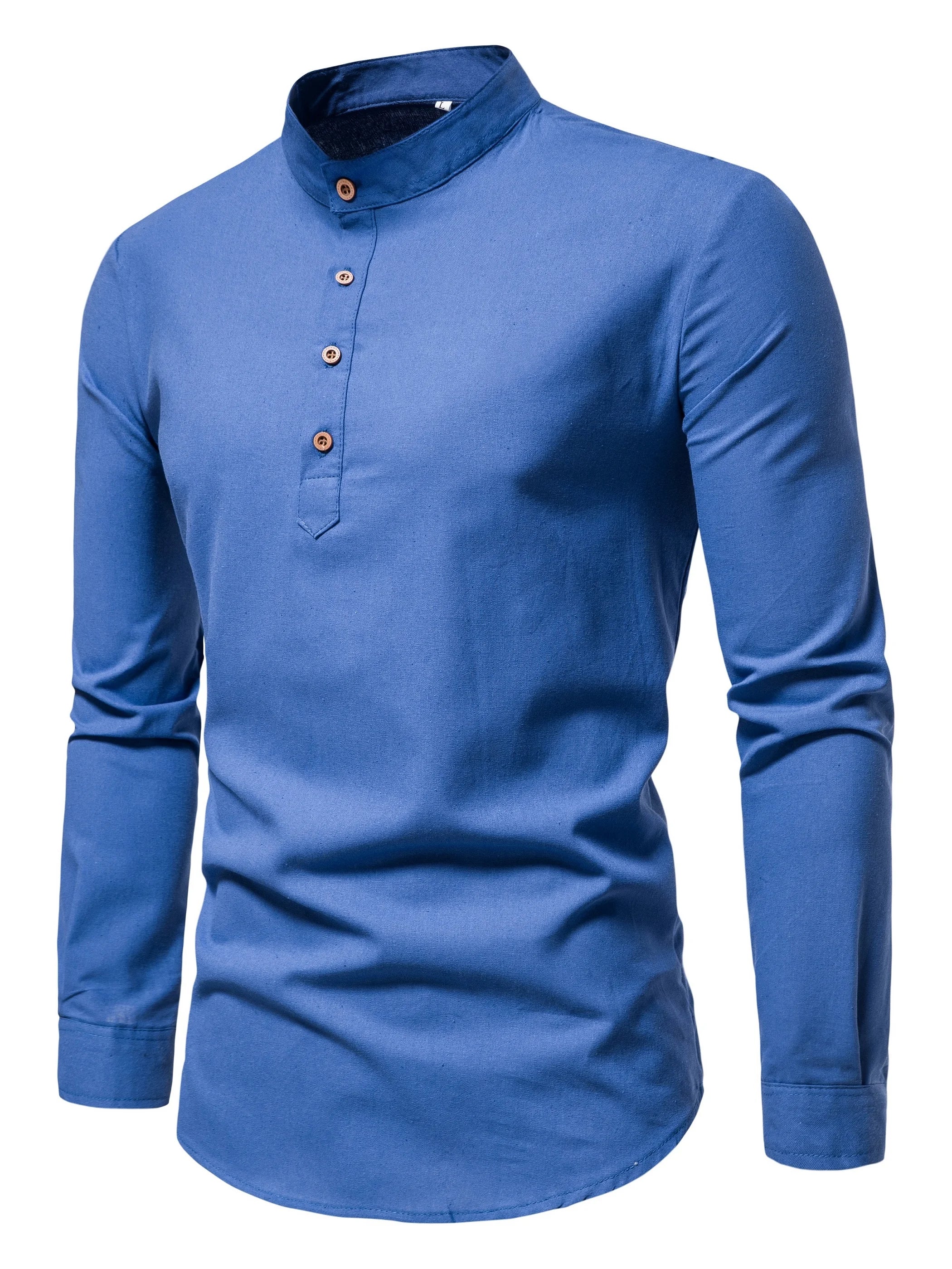 Men's Pure Cotton Slim Fit Stand Collar Shirt – Elegant Long Sleeve Spring Top